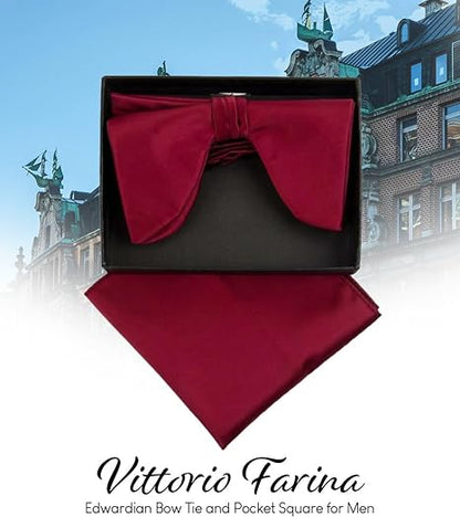Vittorio Farina Men's Satin Teardrop Bow Tie & Pocket Square in Gift Box - Burgundy - Bow Tie & Pocket Square - Vittorio Farina