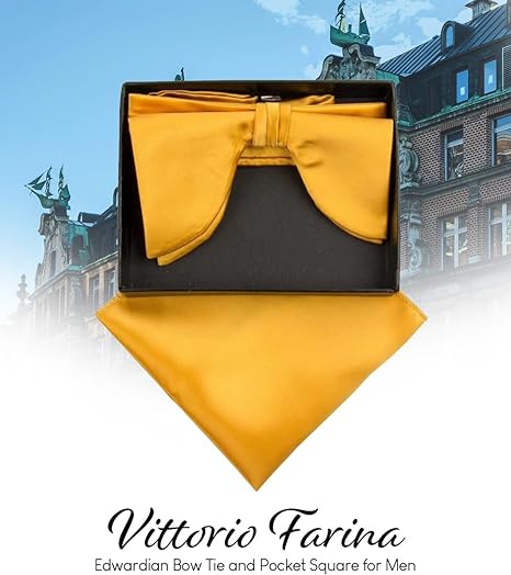 Vittorio Farina Men's Satin Teardrop Bow Tie & Pocket Square in Gift Box - Gold - Bow Tie & Pocket Square - Vittorio Farina