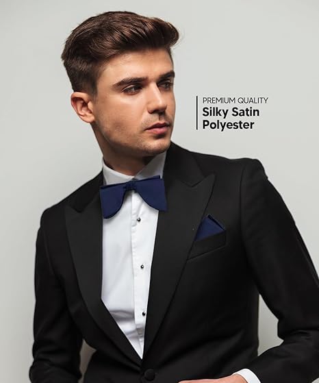 Vittorio Farina Men's Satin Teardrop Bow Tie & Pocket Square in Gift Box - Navy Blue - Bow Tie & Pocket Square - Vittorio Farina