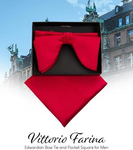 Vittorio Farina Men's Satin Teardrop Bow Tie & Pocket Square in Gift Box - Red - Bow Tie & Pocket Square - Vittorio Farina