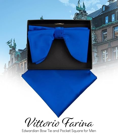Vittorio Farina Men's Satin Teardrop Bow Tie & Pocket Square in Gift Box - Navy Blue - Bow Tie & Pocket Square - Vittorio Farina