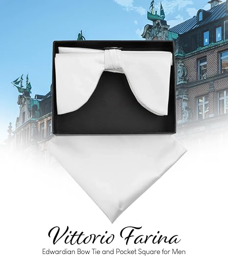 Vittorio Farina Men's Satin Teardrop Bow Tie & Pocket Square in Gift Box - White - Bow Tie & Pocket Square - Vittorio Farina