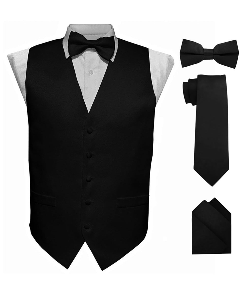 Vittorio Farina Men's Satin Vest, Necktie, Bow Tie and Pocket Square Set (Black Back) - Black - Vest Set - Vittorio Farina