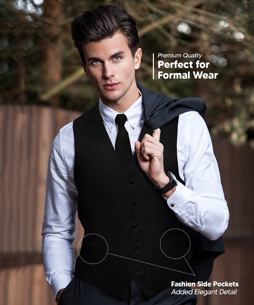 Vittorio Farina Men's Satin Vest, Necktie, Bow Tie and Pocket Square Set (Black Back) - Black - Vest Set - Vittorio Farina