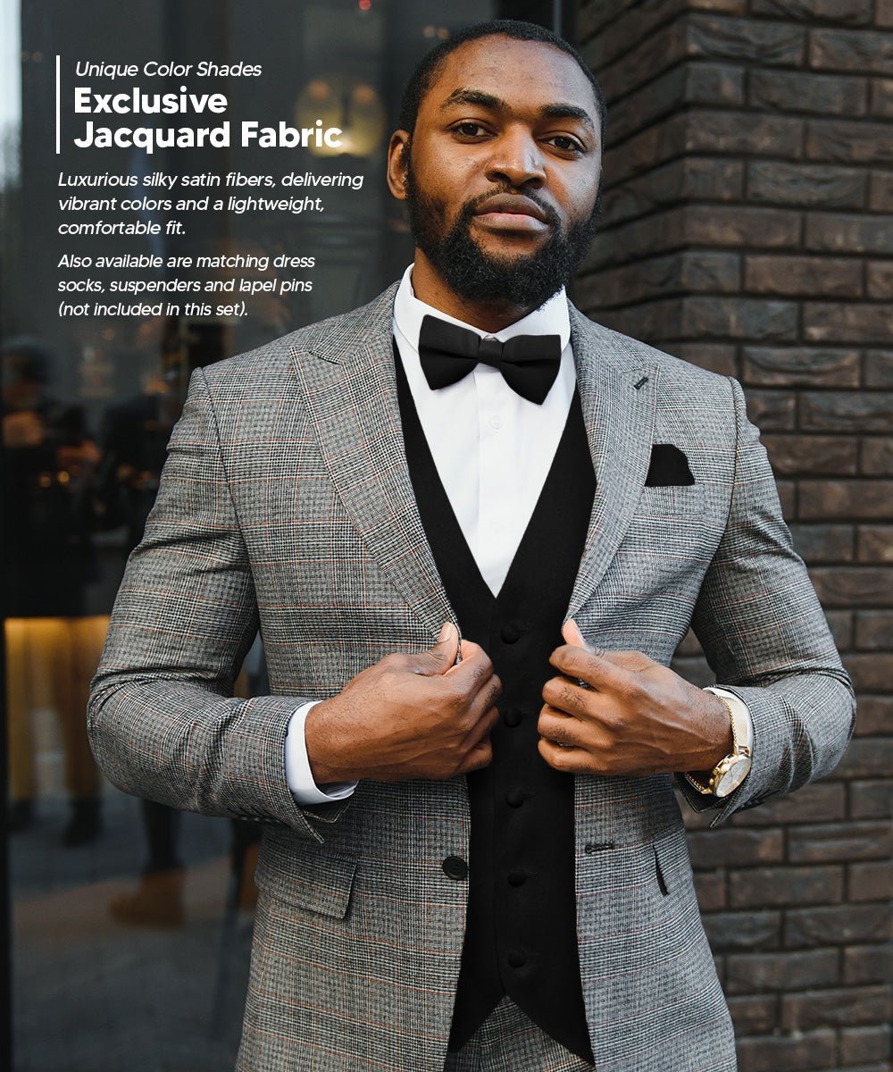 Vittorio Farina Men's Satin Vest, Necktie, Bow Tie and Pocket Square Set (Black Back) - Black - Vest Set - Vittorio Farina