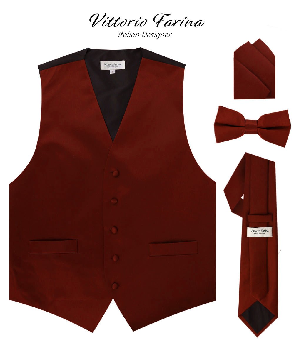 Vittorio Farina Men's Satin Vest, Necktie, Bow Tie and Pocket Square Set (Black Back) - Burgundy - Vest Set - Vittorio Farina