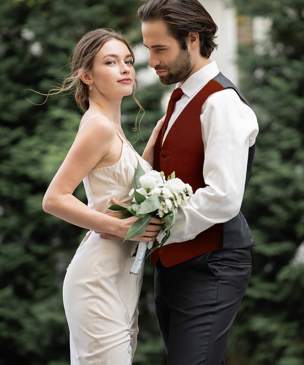 Vittorio Farina Men's Satin Vest, Necktie, Bow Tie and Pocket Square Set (Black Back) - Burgundy - Vest Set - Vittorio Farina