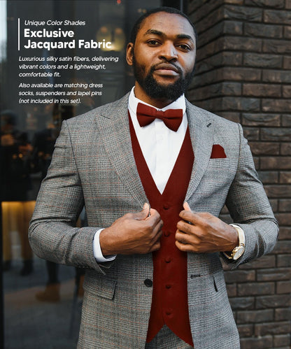 Vittorio Farina Men's Satin Vest, Necktie, Bow Tie and Pocket Square Set (Black Back) - Burgundy - Vest Set - Vittorio Farina