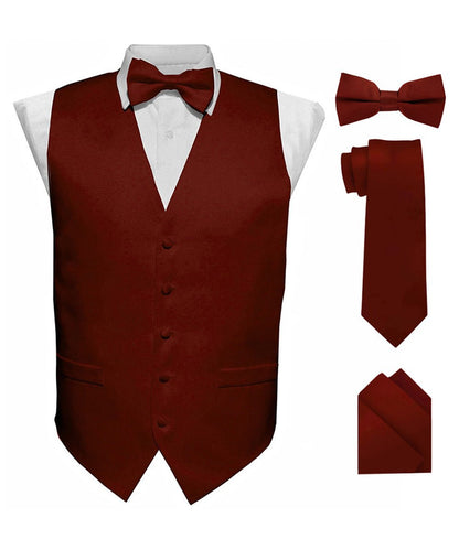 Vittorio Farina Men's Satin Vest, Necktie, Bow Tie and Pocket Square Set (Black Back) - Burgundy - Vest Set - Vittorio Farina