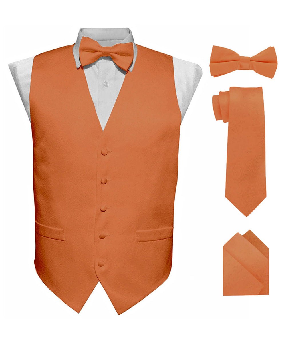 Vittorio Farina Men's Satin Vest, Necktie, Bow Tie and Pocket Square Set (Black Back) - Burnt Orange - Vest Set - Vittorio Farina