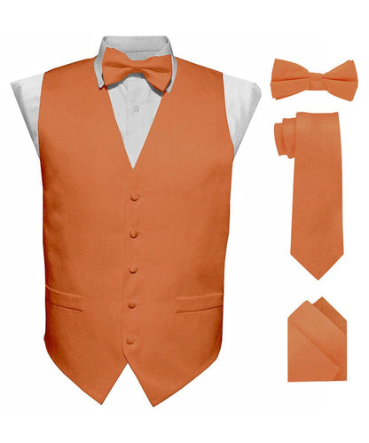 Vittorio Farina Men's Satin Vest, Necktie, Bow Tie and Pocket Square Set (Black Back) - Burnt Orange - Vest Set - Vittorio Farina