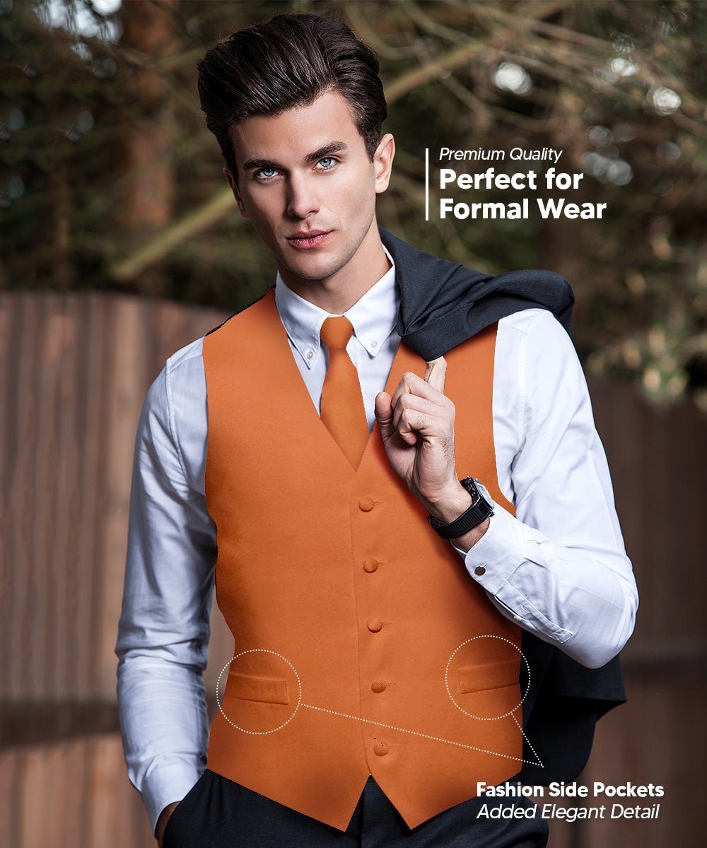 Vittorio Farina Men's Satin Vest, Necktie, Bow Tie and Pocket Square Set (Black Back) - Burnt Orange - Vest Set - Vittorio Farina