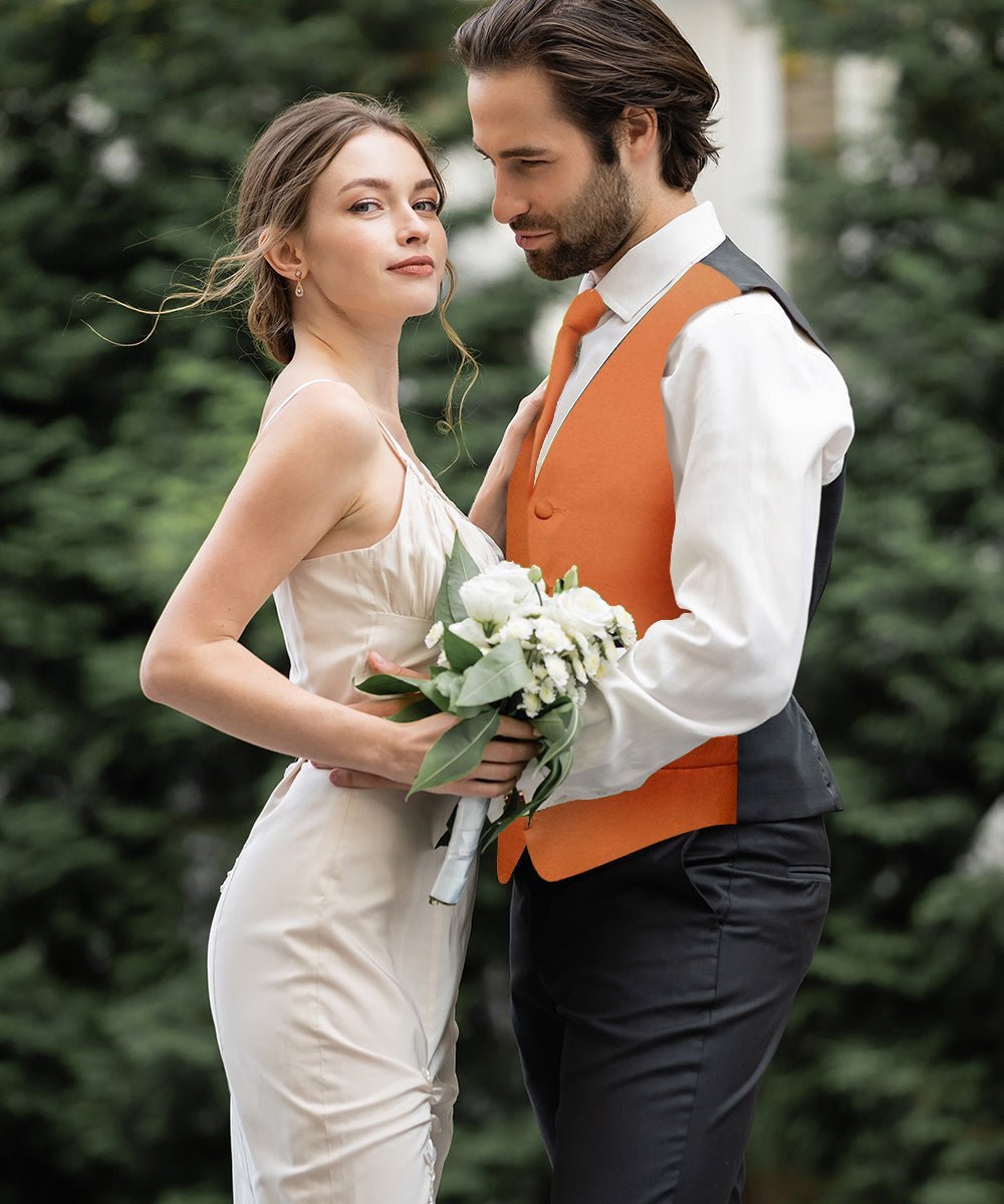 Vittorio Farina Men's Satin Vest, Necktie, Bow Tie and Pocket Square Set (Black Back) - Burnt Orange - Vest Set - Vittorio Farina