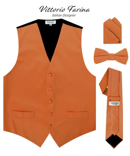Vittorio Farina Men's Satin Vest, Necktie, Bow Tie and Pocket Square Set (Black Back) - Burnt Orange - Vest Set - Vittorio Farina