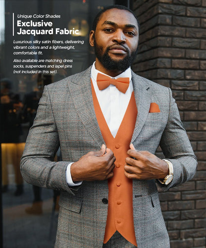 Vittorio Farina Men's Satin Vest, Necktie, Bow Tie and Pocket Square Set (Black Back) - Burnt Orange - Vest Set - Vittorio Farina