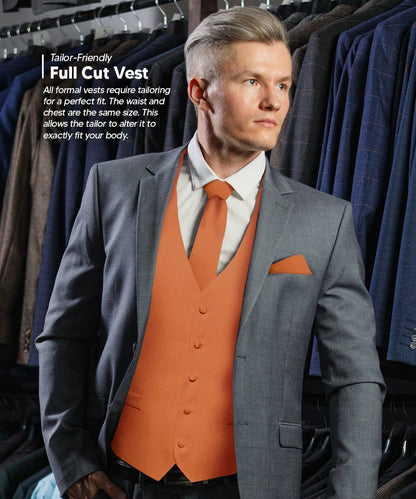 Vittorio Farina Men's Satin Vest, Necktie, Bow Tie and Pocket Square Set (Black Back) - Burnt Orange - Vest Set - Vittorio Farina
