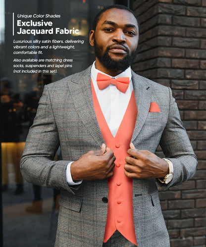 Vittorio Farina Men's Satin Vest, Necktie, Bow Tie and Pocket Square Set (Black Back) - Coral - Vest Set - Vittorio Farina