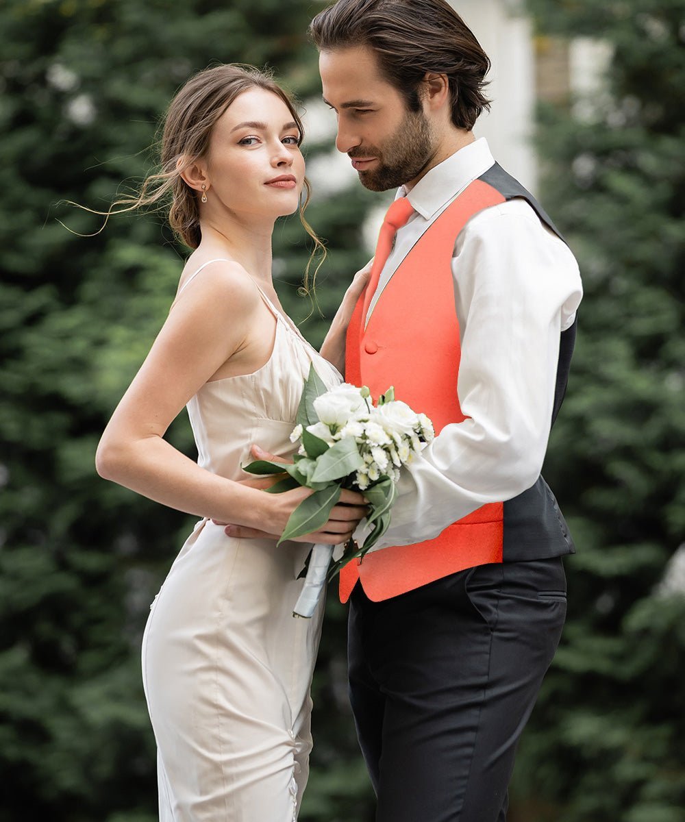 Vittorio Farina Men's Satin Vest, Necktie, Bow Tie and Pocket Square Set (Black Back) - Coral - Vest Set - Vittorio Farina