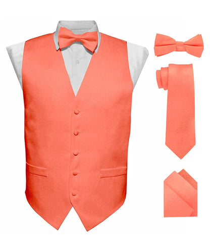 Vittorio Farina Men's Satin Vest, Necktie, Bow Tie and Pocket Square Set (Black Back) - Coral - Vest Set - Vittorio Farina