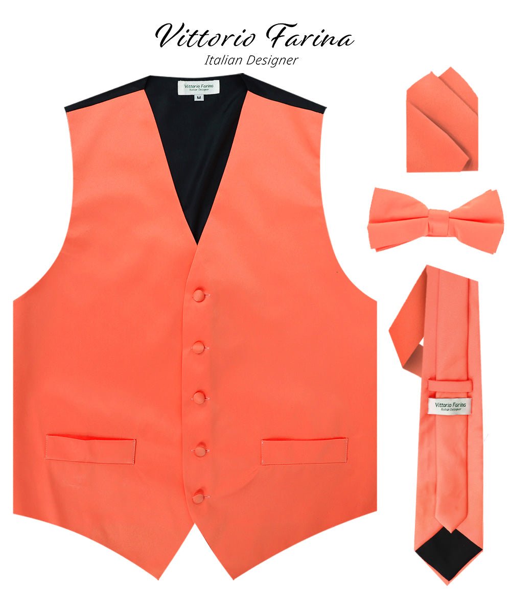 Vittorio Farina Men's Satin Vest, Necktie, Bow Tie and Pocket Square Set (Black Back) - Coral - Vest Set - Vittorio Farina