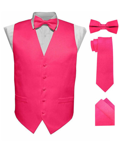 Vittorio Farina Men's Satin Vest, Necktie, Bow Tie and Pocket Square Set (Black Back) - Hot Pink - Vest Set - Vittorio Farina