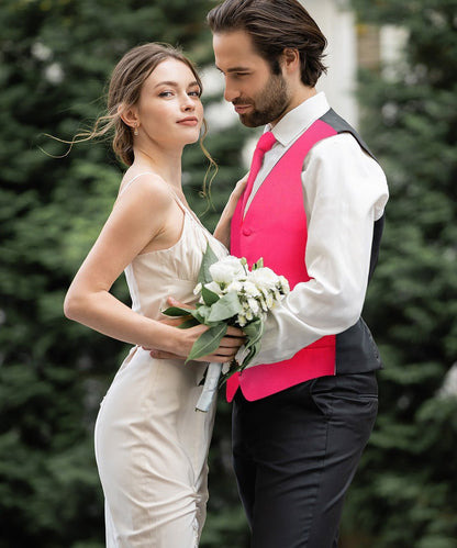 Vittorio Farina Men's Satin Vest, Necktie, Bow Tie and Pocket Square Set (Black Back) - Hot Pink - Vest Set - Vittorio Farina