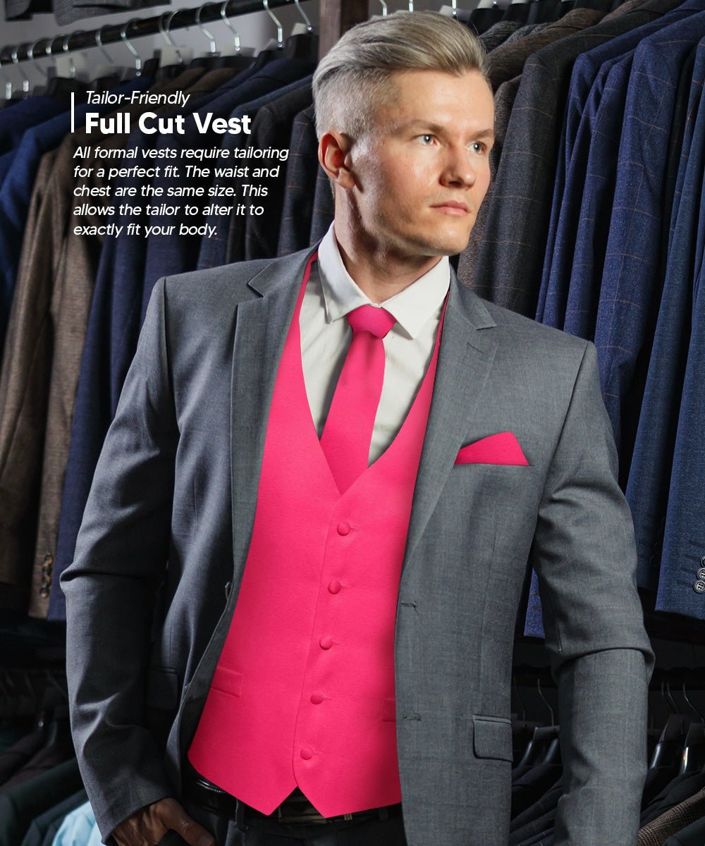 Vittorio Farina Men's Satin Vest, Necktie, Bow Tie and Pocket Square Set (Black Back) - Hot Pink - Vest Set - Vittorio Farina