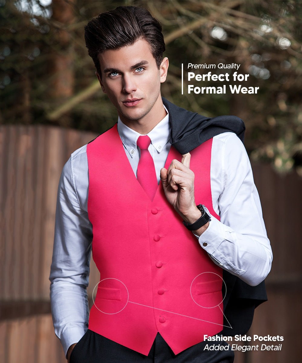 Vittorio Farina Men's Satin Vest, Necktie, Bow Tie and Pocket Square Set (Black Back) - Hot Pink - Vest Set - Vittorio Farina