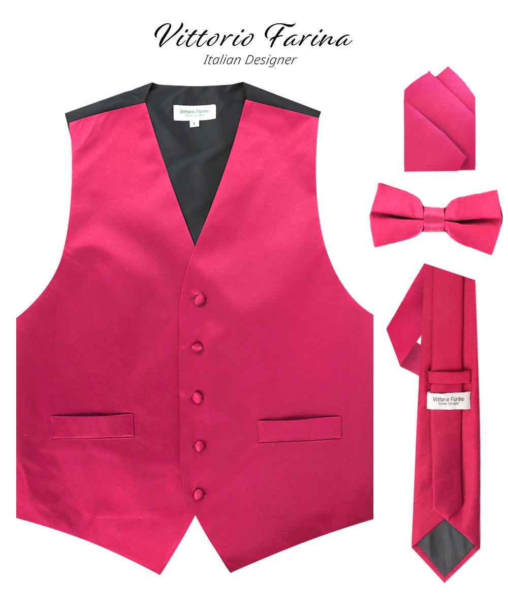 Vittorio Farina Men's Satin Vest, Necktie, Bow Tie and Pocket Square Set (Black Back) - Hot Pink - Vest Set - Vittorio Farina