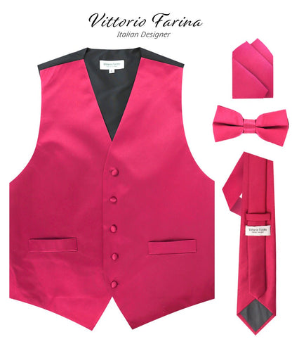 Vittorio Farina Men's Satin Vest, Necktie, Bow Tie and Pocket Square Set (Black Back) - Hot Pink - Vest Set - Vittorio Farina