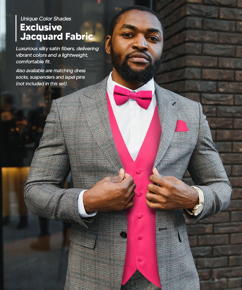 Vittorio Farina Men's Satin Vest, Necktie, Bow Tie and Pocket Square Set (Black Back) - Hot Pink - Vest Set - Vittorio Farina