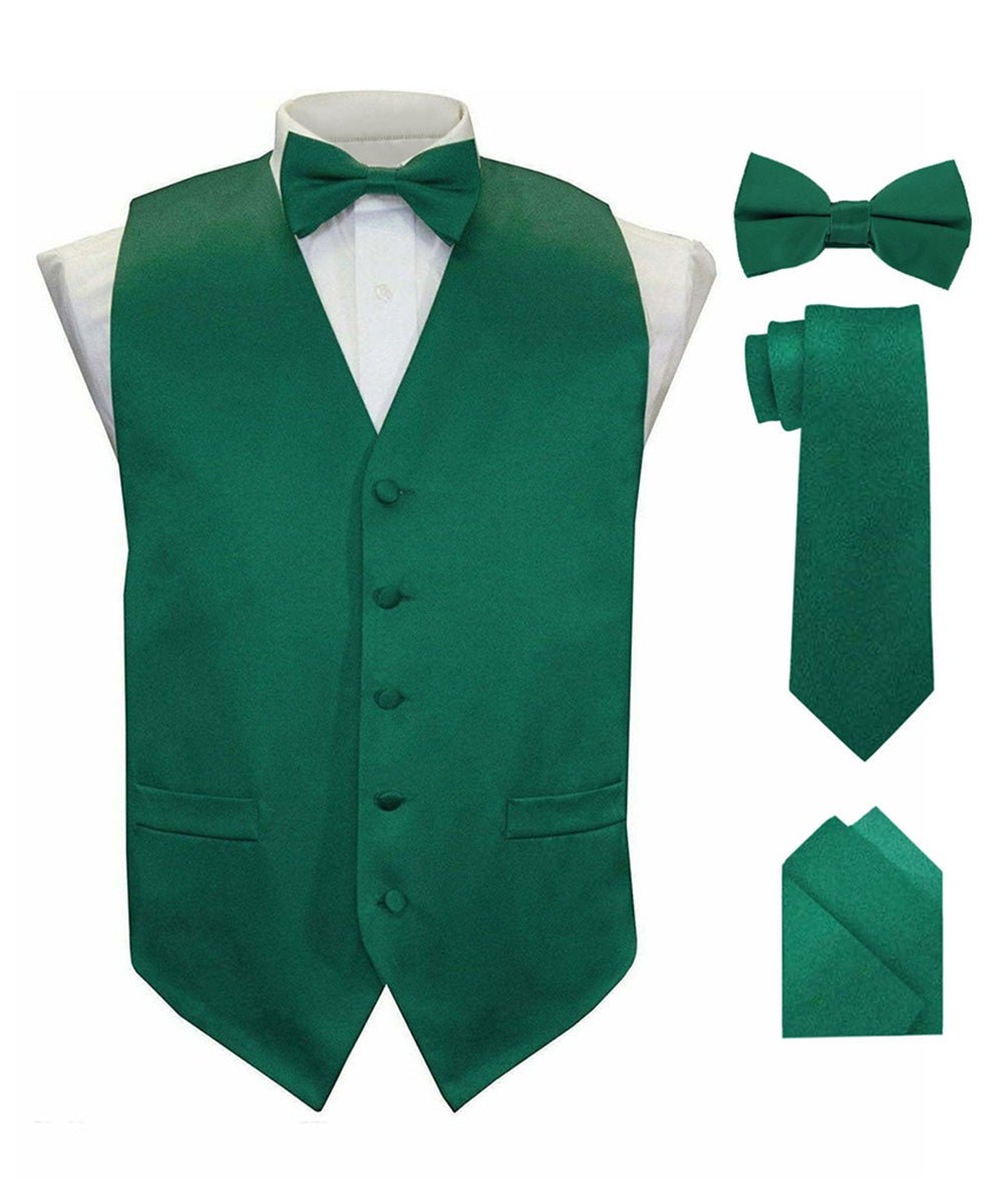 Vittorio Farina Men's Satin Vest, Necktie, Bow Tie and Pocket Square Set (Black Back) - Hunter Green - Vest Set - Vittorio Farina