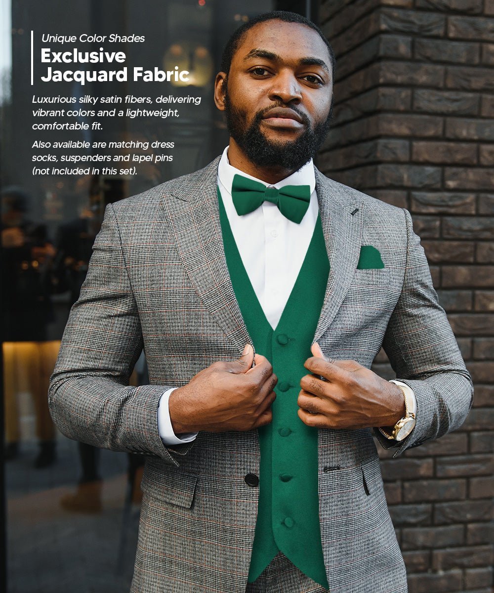 Vittorio Farina Men's Satin Vest, Necktie, Bow Tie and Pocket Square Set (Black Back) - Hunter Green - Vest Set - Vittorio Farina