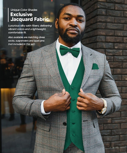 Vittorio Farina Men's Satin Vest, Necktie, Bow Tie and Pocket Square Set (Black Back) - Hunter Green - Vest Set - Vittorio Farina