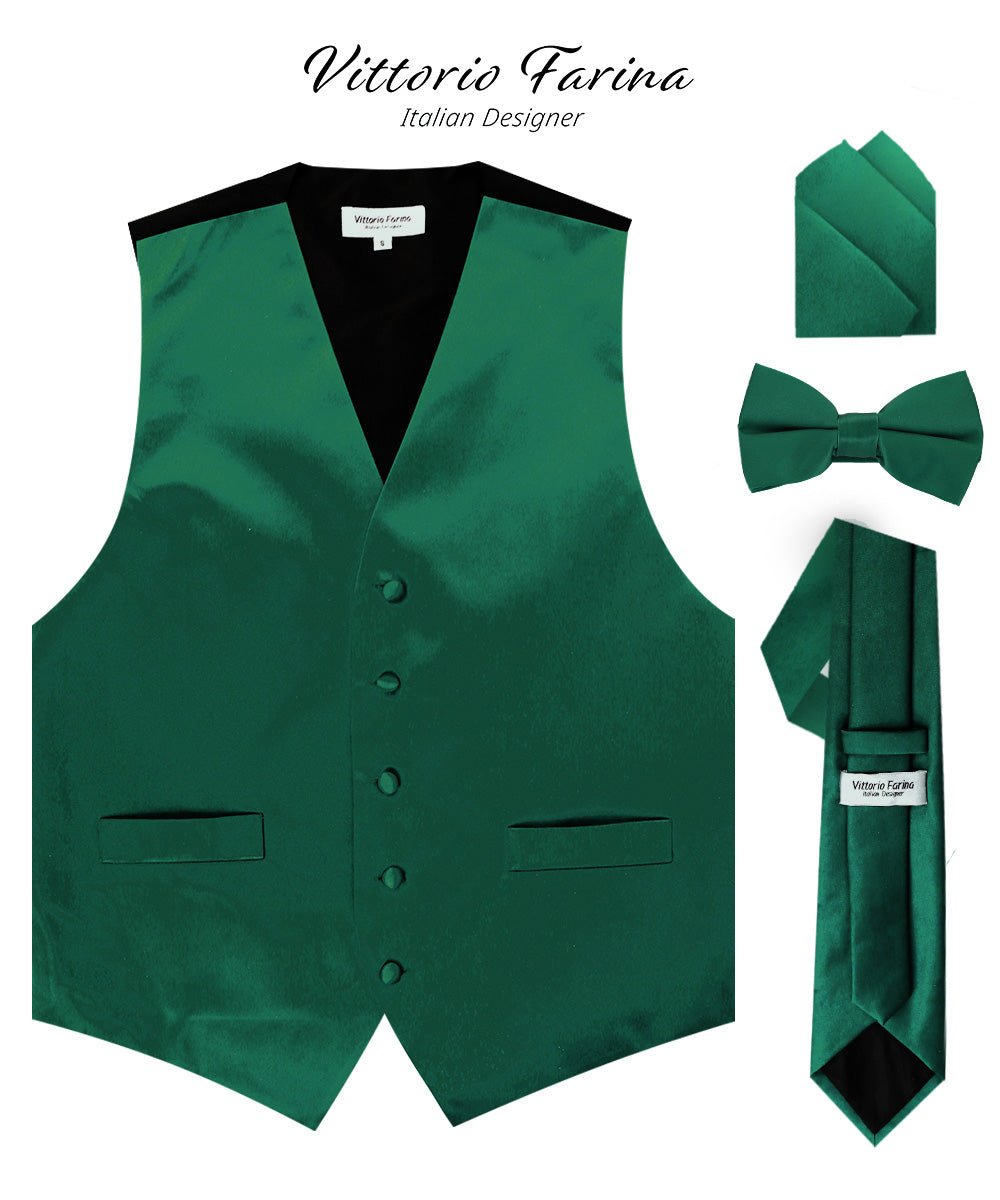 Vittorio Farina Men's Satin Vest, Necktie, Bow Tie and Pocket Square Set (Black Back) - Hunter Green - Vest Set - Vittorio Farina
