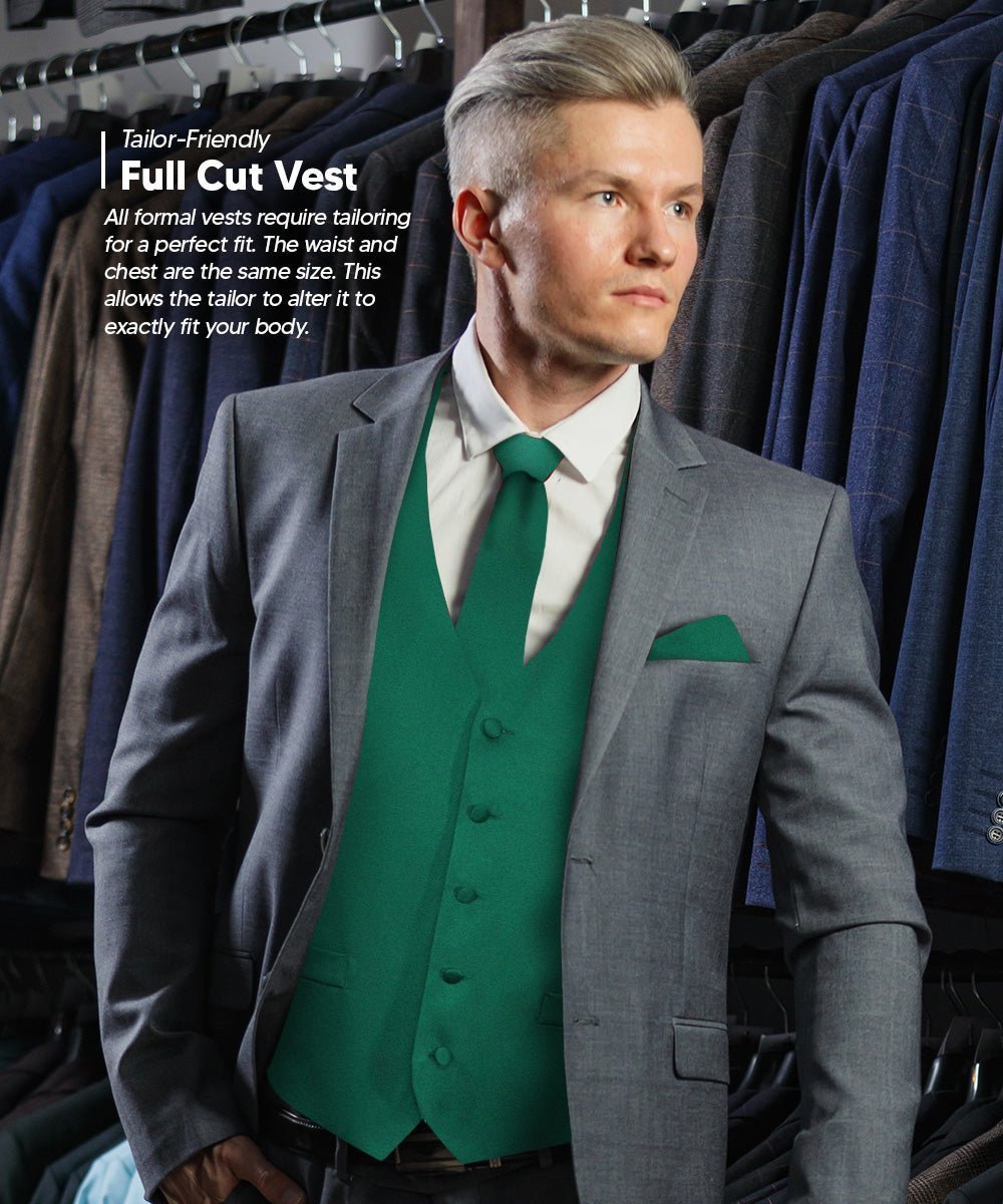 Vittorio Farina Men's Satin Vest, Necktie, Bow Tie and Pocket Square Set (Black Back) - Hunter Green - Vest Set - Vittorio Farina