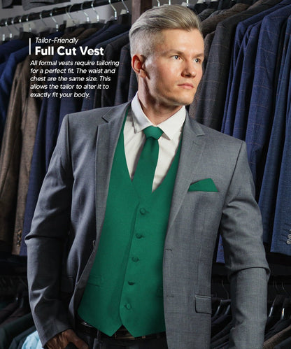 Vittorio Farina Men's Satin Vest, Necktie, Bow Tie and Pocket Square Set (Black Back) - Hunter Green - Vest Set - Vittorio Farina