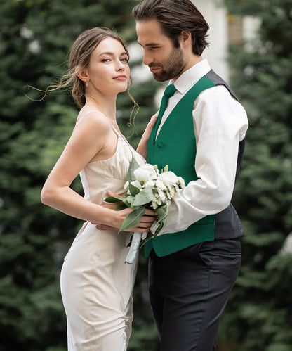 Vittorio Farina Men's Satin Vest, Necktie, Bow Tie and Pocket Square Set (Black Back) - Hunter Green - Vest Set - Vittorio Farina