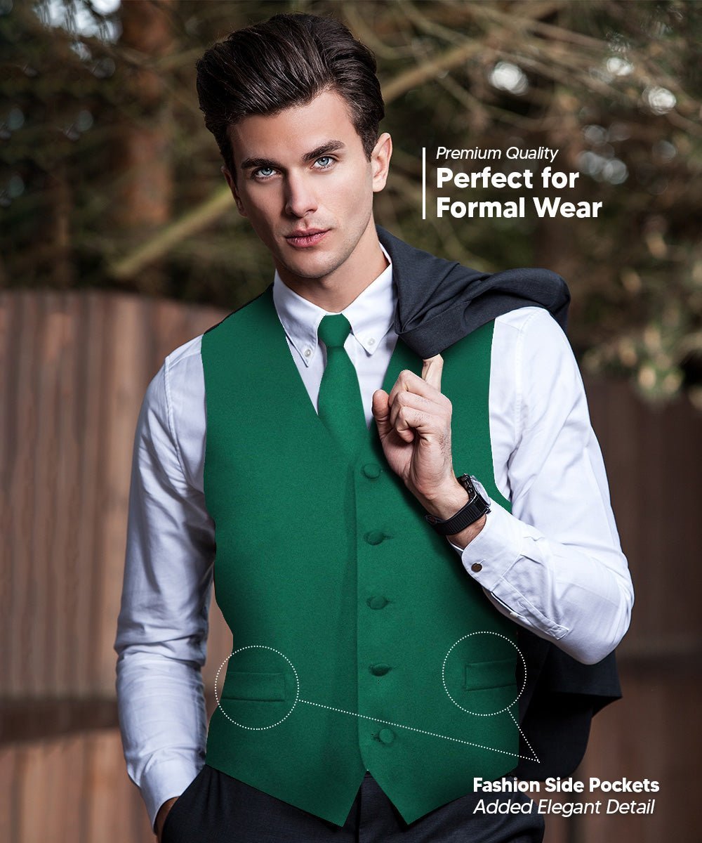 Vittorio Farina Men's Satin Vest, Necktie, Bow Tie and Pocket Square Set (Black Back) - Hunter Green - Vest Set - Vittorio Farina
