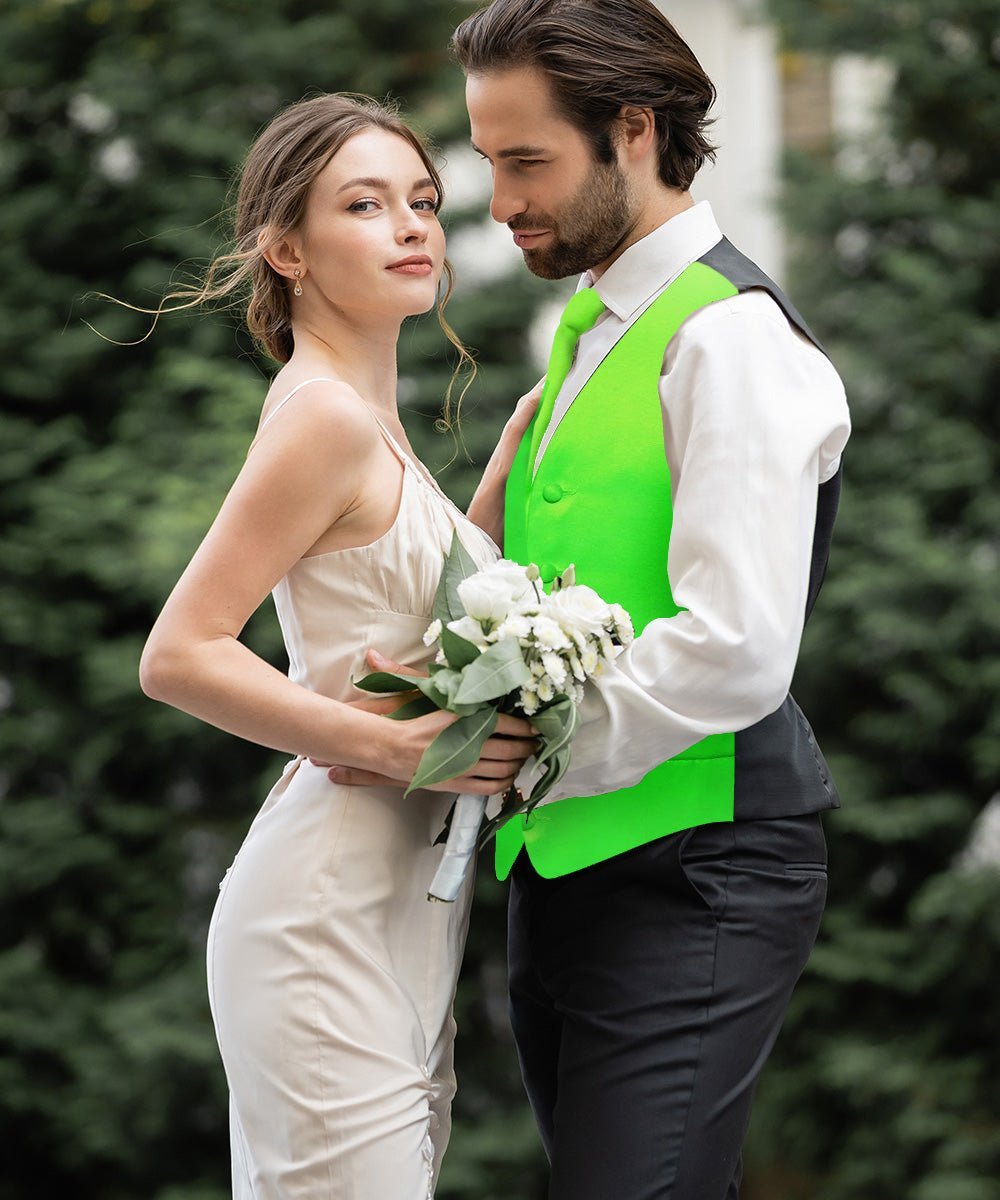 Vittorio Farina Men's Satin Vest, Necktie, Bow Tie and Pocket Square Set (Black Back) - Lime Green - Vest Set - Vittorio Farina