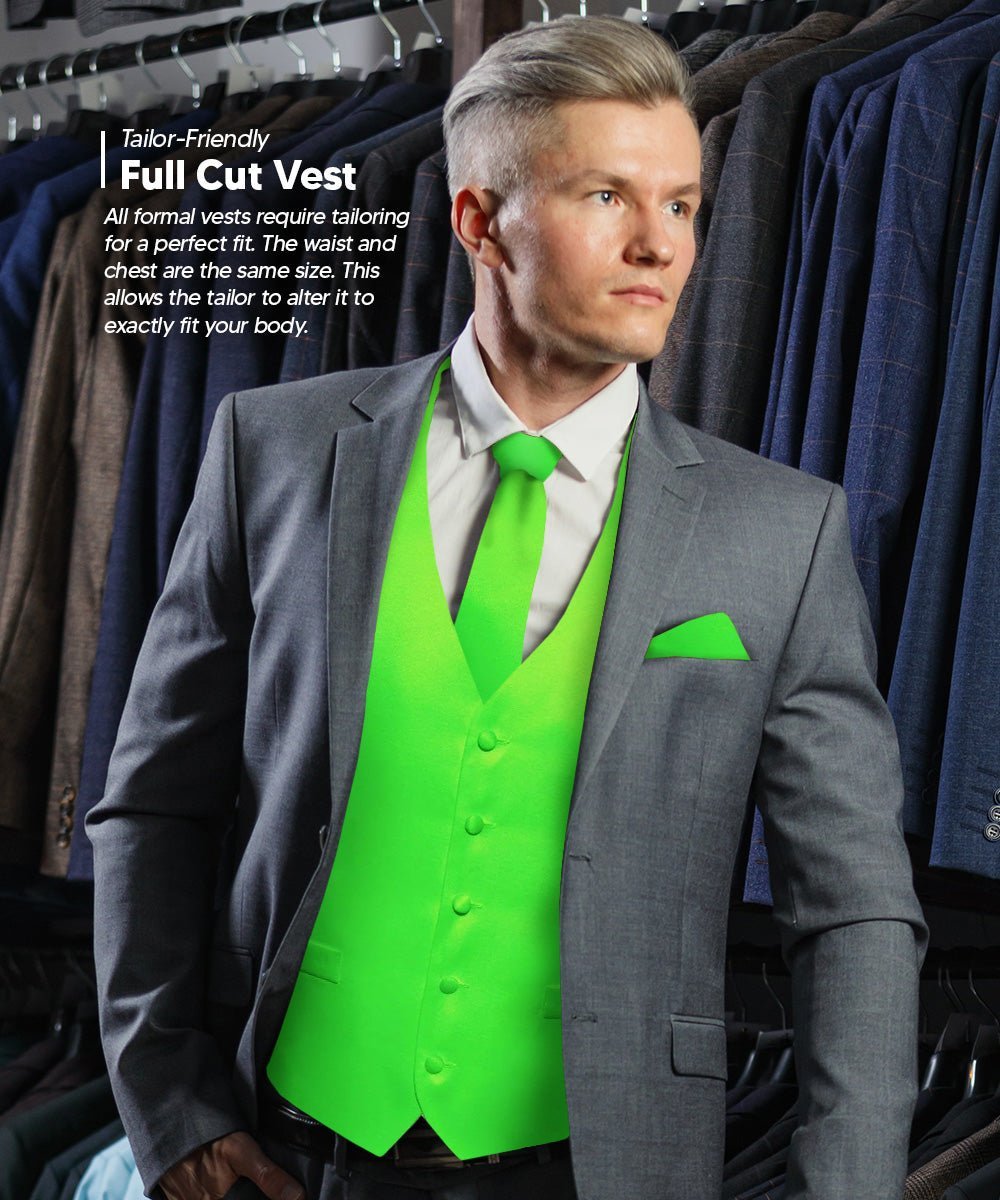Vittorio Farina Men's Satin Vest, Necktie, Bow Tie and Pocket Square Set (Black Back) - Lime Green - Vest Set - Vittorio Farina
