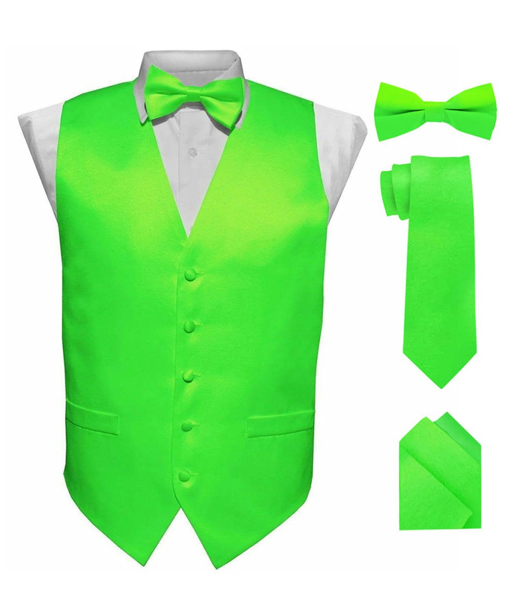 Vittorio Farina Men's Satin Vest, Necktie, Bow Tie and Pocket Square Set (Black Back) - Lime Green - Vest Set - Vittorio Farina