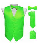 Vittorio Farina Men's Satin Vest, Necktie, Bow Tie and Pocket Square Set (Black Back) - Lime Green - Vest Set - Vittorio Farina