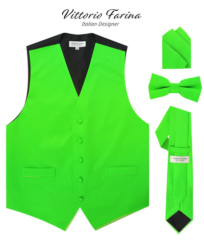 Vittorio Farina Men's Satin Vest, Necktie, Bow Tie and Pocket Square Set (Black Back) - Lime Green - Vest Set - Vittorio Farina