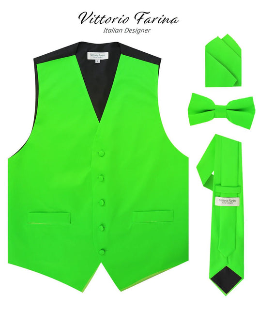 Vittorio Farina Men's Satin Vest, Necktie, Bow Tie and Pocket Square Set (Black Back) - Lime Green - Vest Set - Vittorio Farina