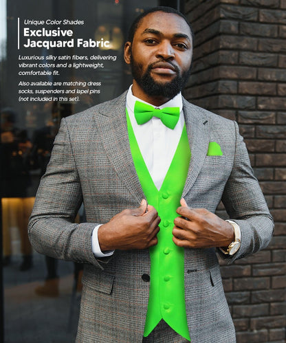 Vittorio Farina Men's Satin Vest, Necktie, Bow Tie and Pocket Square Set (Black Back) - Lime Green - Vest Set - Vittorio Farina