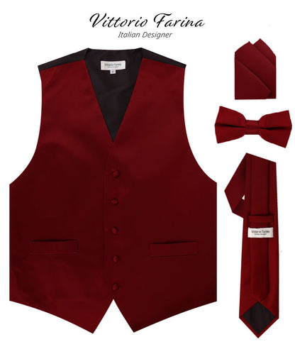 Vittorio Farina Men's Satin Vest, Necktie, Bow Tie and Pocket Square Set (Black Back) - Maroon - Vest Set - Vittorio Farina