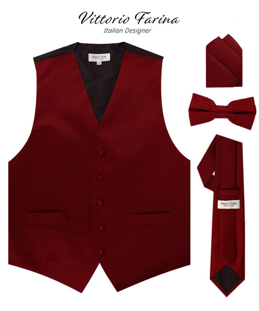 Vittorio Farina Men's Satin Vest, Necktie, Bow Tie and Pocket Square Set (Black Back) - Maroon - Vest Set - Vittorio Farina