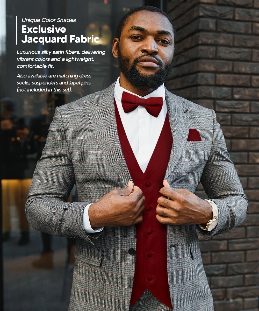 Vittorio Farina Men's Satin Vest, Necktie, Bow Tie and Pocket Square Set (Black Back) - Maroon - Vest Set - Vittorio Farina