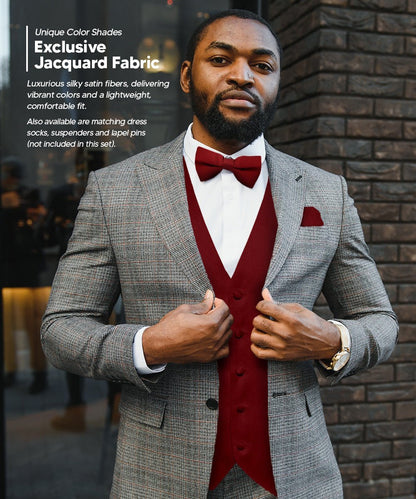 Vittorio Farina Men's Satin Vest, Necktie, Bow Tie and Pocket Square Set (Black Back) - Maroon - Vest Set - Vittorio Farina